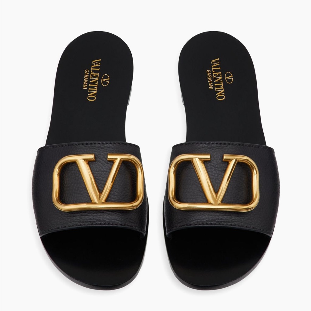 Valentino Garavani Signature V Logo Black Leather Slide Sandals Size 36 Us 6 Nib